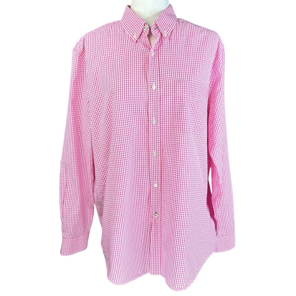 J McLaughlin Windowpane Button Down Shirt Large Pink White Relaxed Gingham